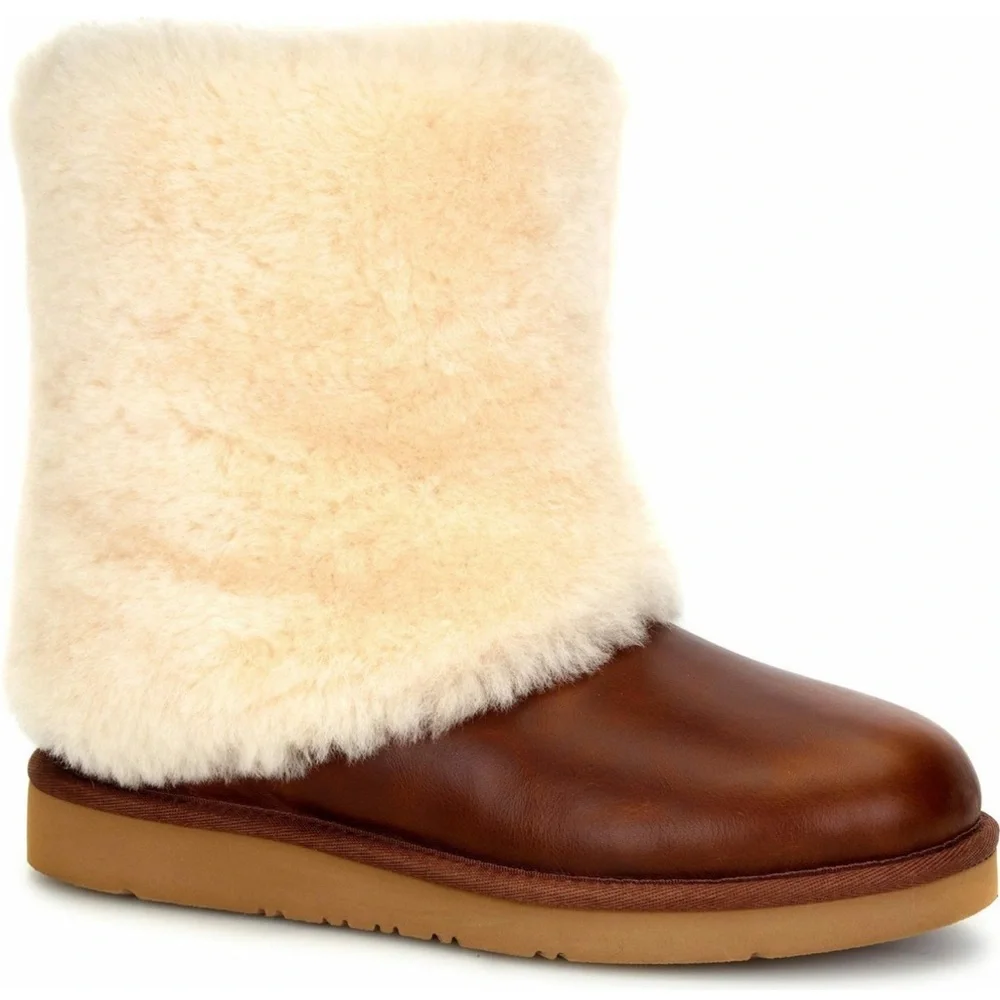 UGG PATTEN Shearling Cuff Chestnut Brown Leather Boots Women’s Size 6